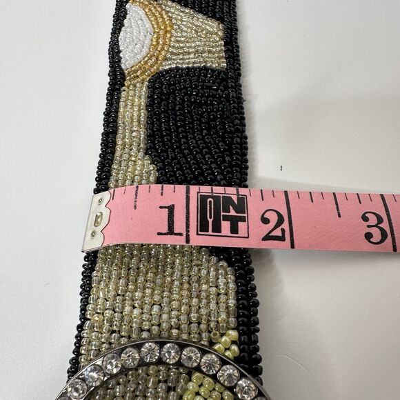 Abstract Seed Bead Silk Belt Womens Sz M Rhinestone O-Ring Buckle Evening Formal - Picture 10 of 15
